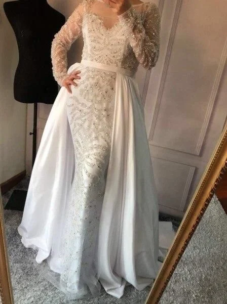 Affordable Women's Outfit Elevated Style Luxury Mermaid Evening Dresses Attachable Train Long Sleeves Beading Crystal Sparkly Evening Gown Prom Party Dress  cg18440