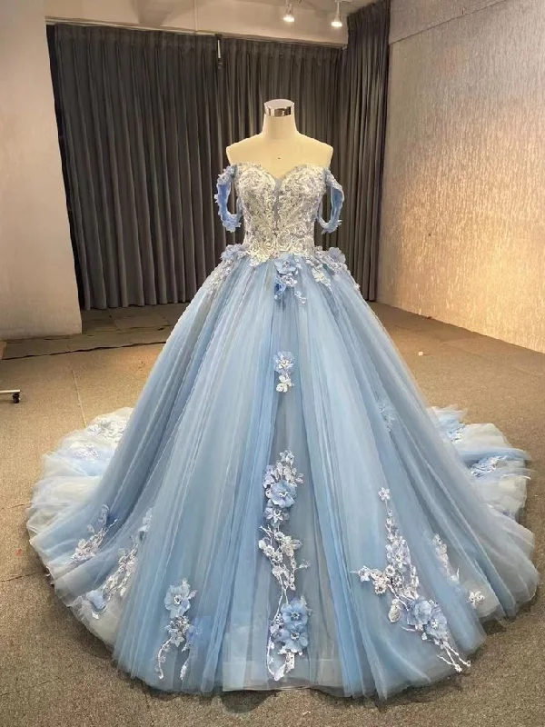 Affordable Women's Garments Bold Silhouette Ball Gown Blue Prom Dresses Lace Tulle Off Shoulder Evening Party Dress Y4561