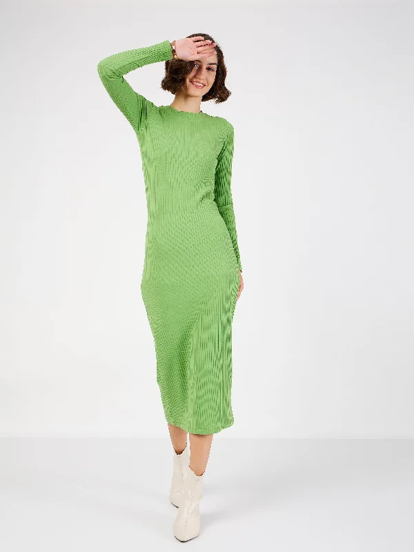 Women's Travel Garments Vintage Retro Party Wear Women Green Rib Bodycon Midi Dress