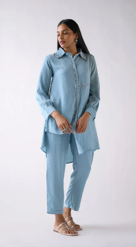 Women's Stylish Outdoor Outfit Effortless Comfort Sky-Blue Crepe Satin Long Shirt