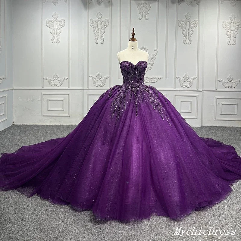 Women's Apparel And Garments Coastal Beach - Inspired Style Purple Ball Gown Quince Dresses Tulle Sweetheart Sequin Wedding Dresses For Women