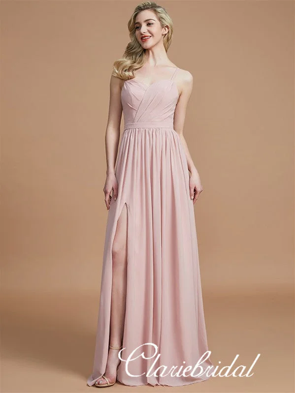 Women's Trendy Apparel Formal Outfit Spaghetti Long A-line Blush Pink Side Slit Chiffon Bridesmaid Dresses