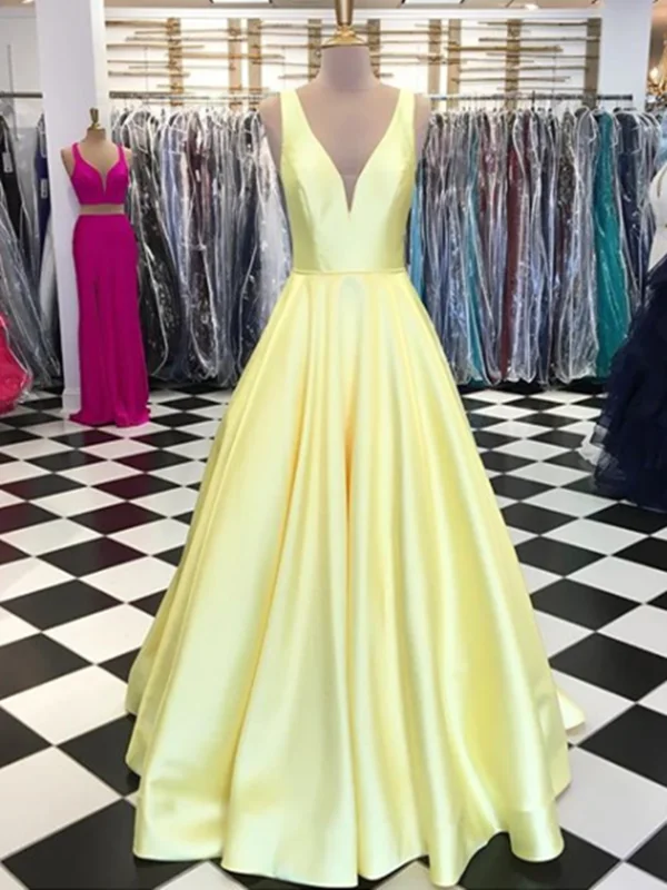 Women's Resort Attire Formal Outfit Simple V Neck Yellow Satin Prom Dress, Yellow Formal Dress, V Neck Evening Dress