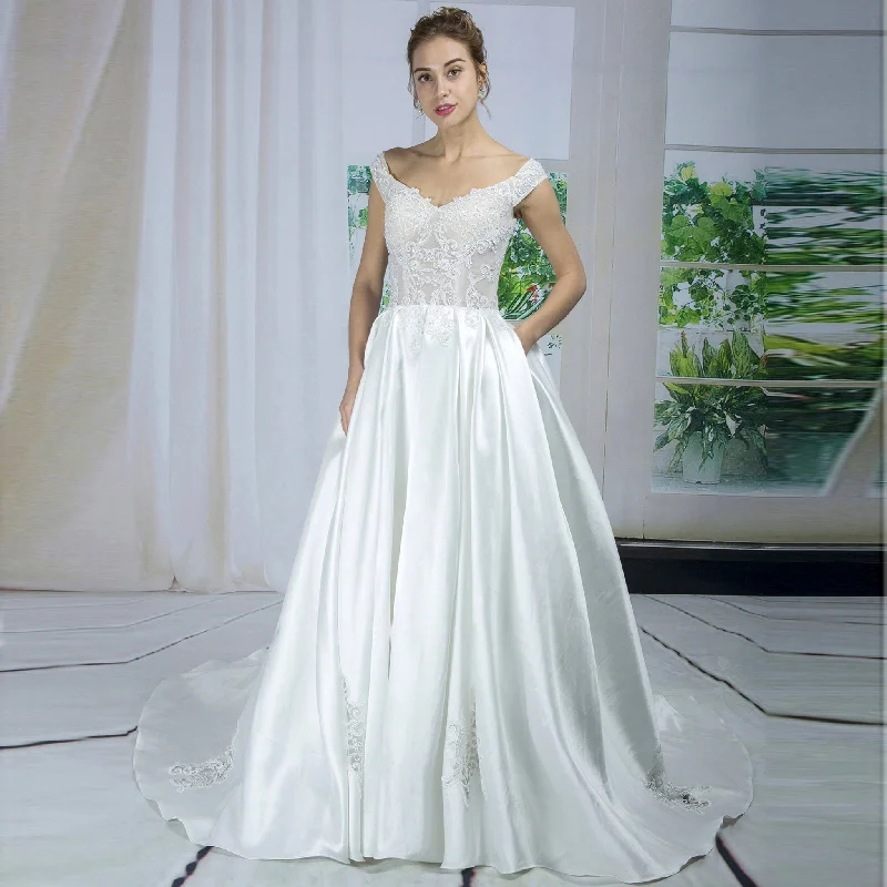 Casual Chic Clothing For Women Luxury Comfort Off Shoulder Floral Lace Satin A-line Wedding Dress with Pocket