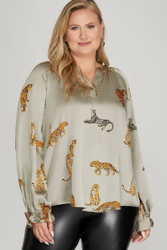 Fashionable Women's Outfit Weekend Special GREY SATIN JAGUAR PRINT LONG SLEEVES PLUS SIZE WOVEN TOP S10PSY5748