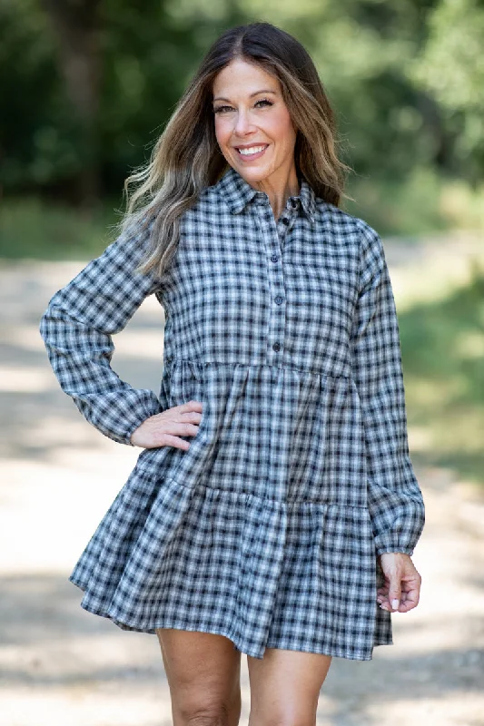 Women's Plus-Size Garments Disco - Inspired Retro Dance Look Black and Grey Gingham Long Sleeve Dress