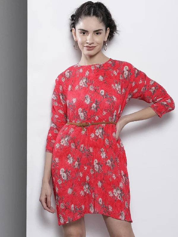 Women's Wedding Apparel Feminine Elegant Women Red Floral Pleated Chinon Bodycon Dress