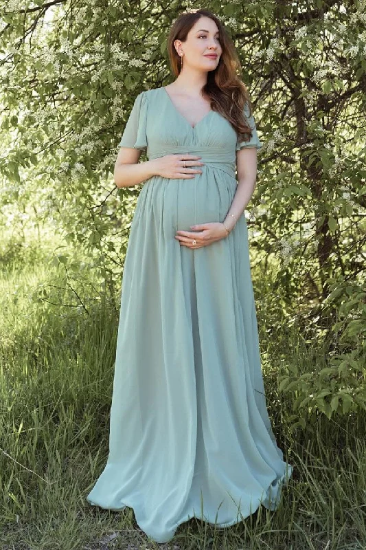 Casual Garments For Women Seasonal Trend Dusty Sage V-Neck Maternity Bridesmaid Dress with Flared Sleeves