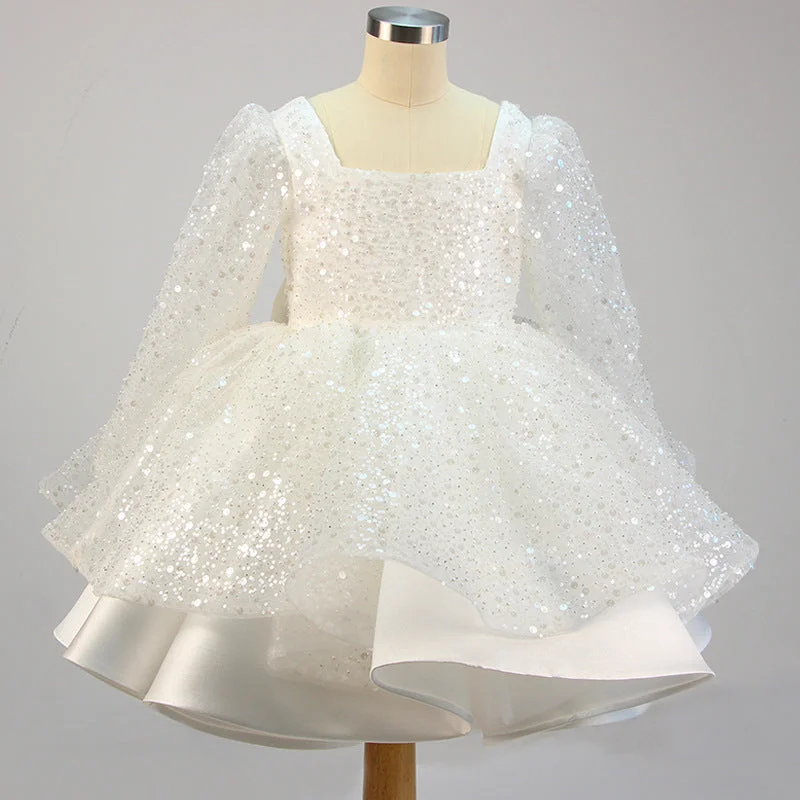 Affordable Fashion Clothing For Women Elegant Details Girl Formal Princess Dresses Baby Girl Bow Mesh Long Sleeve Sequined Christening Dress