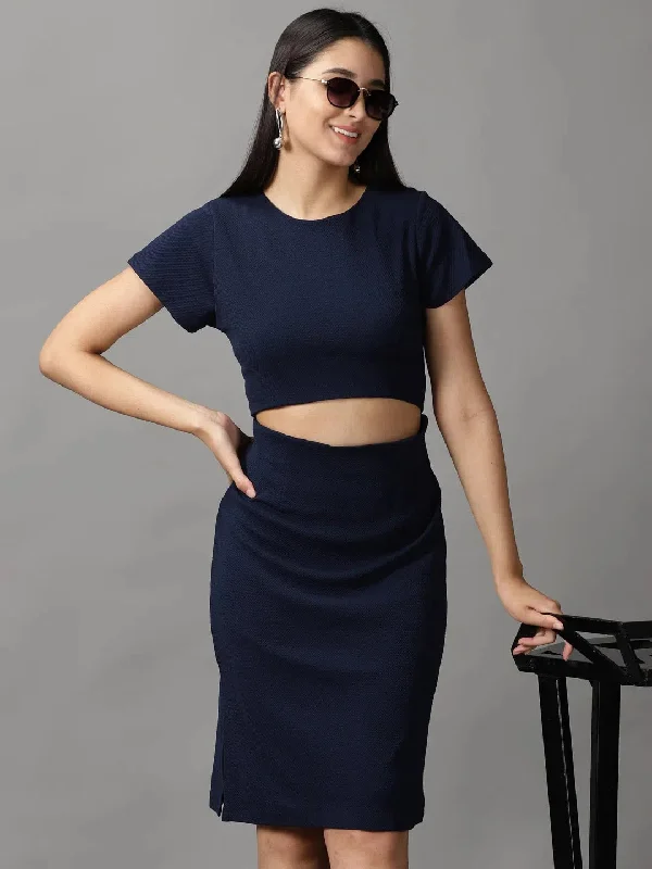 Women's Occasion Wear Apparel Graceful Cut Women's Navy Blue Solid Bodycon Dress-DQ-16-842-Navyblue