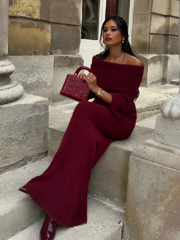 Women's Elegant Evening Attire Graceful Drape Off Shoulder Fold Knit Long Sleeve Tight Red Christmas Party Dress