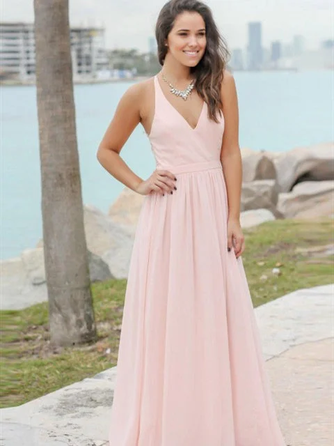 Women's Activewear Garments Classic Charm V-neck Blush Pink Chiffon Lace Bridesmaid Dresses, A-line Bridesmaid Dresses, Long Bridesmaid Dresses