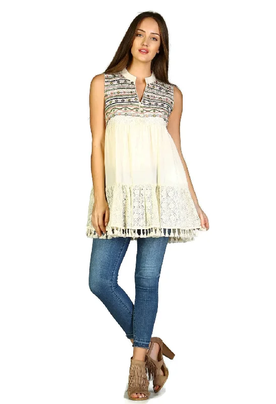 Women's Casual Apparel Seasonal Trend Lace & Fringe Embroidered Sleeveless Dress, Beige