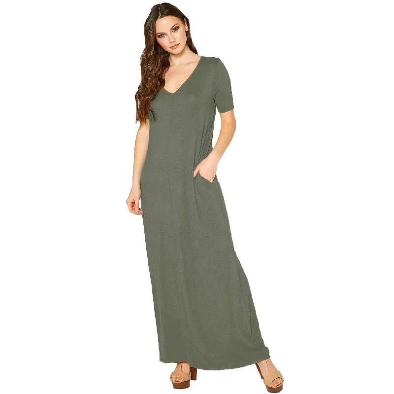 Women's Outerwear Attire Save On Classic Elegant Styles V-neck Short Sleeve Maxi Dress With Pockets