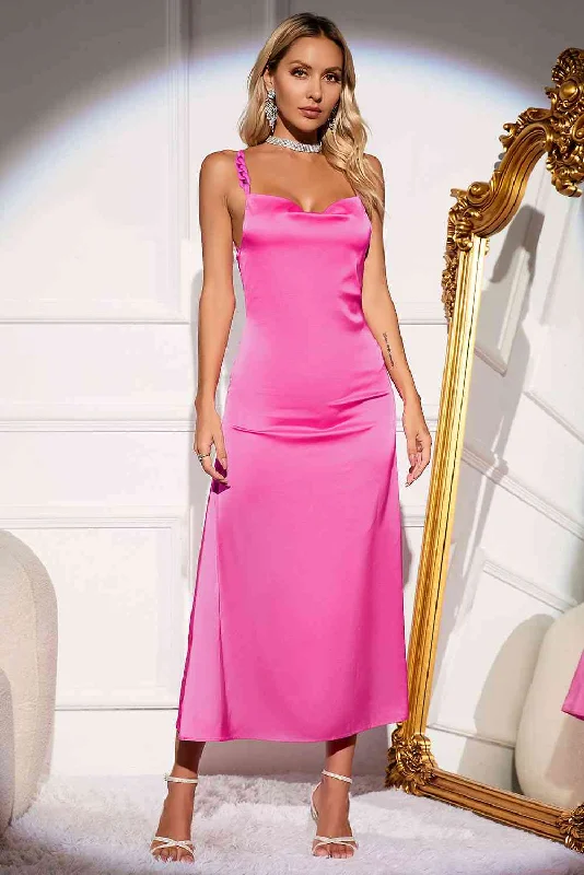 Women's Everyday Attire Timeless Elegant Hot Pink Serenade Backless Satin Maxi Dress