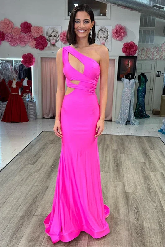 Women's Evening Garments Sophisticated Cut One Shoulder Bridesmaid Dresses, Unique Newest 2024 Long Prom Dresses, Hot Pink Wedding Guest Dresses