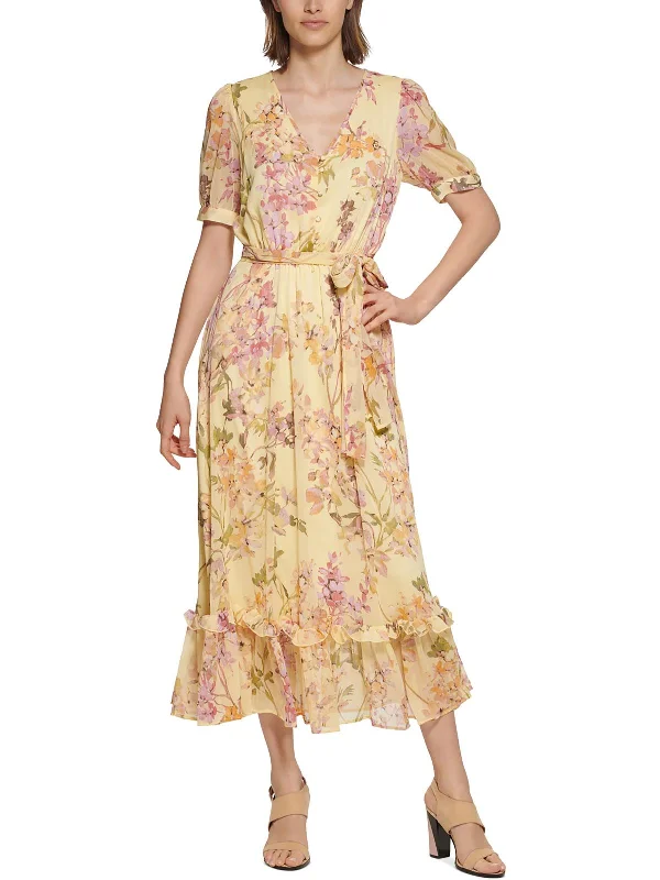 Women's Comfy Attire For Lounging Modern Romance Womens Floral Print Tea Length Maxi Dress