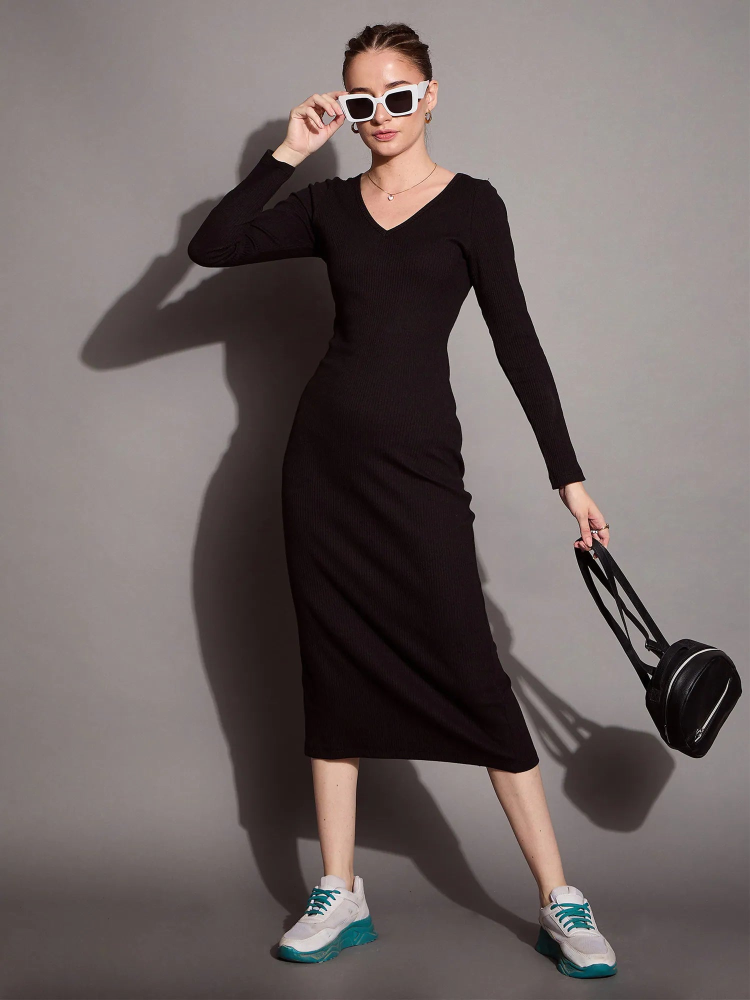 Affordable Women's Clothes Casual Elegance Women Black Ribbed V-Neck Full Sleeves Bodycon Dress-SFDRSS12390