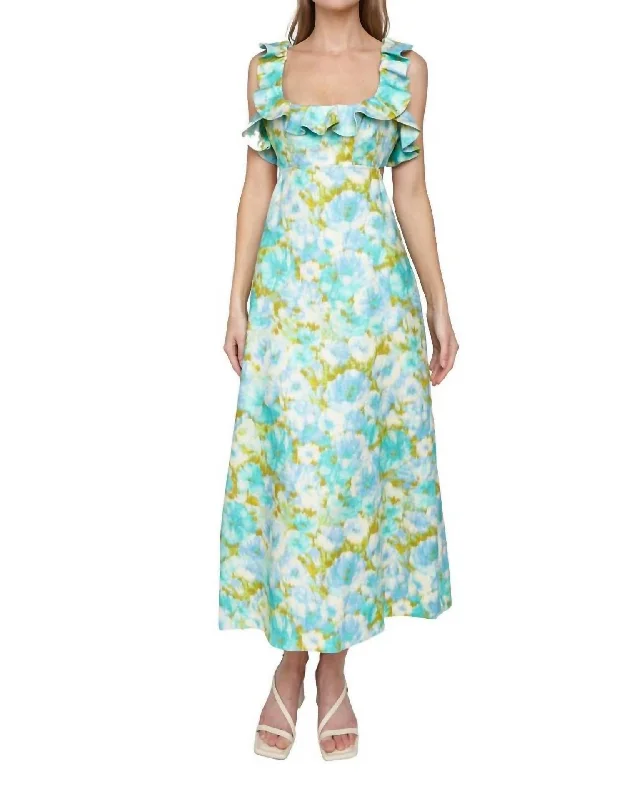 Women's Comfy Loungewear Outfit Parisian Effortless Chic Style High Tide Frilled Midi Dress In Aqua Ikat Floral