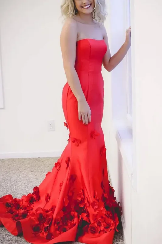 Stylish Outerwear Clothing For Women Graceful Cut Strapless Scoop Mermaid Prom Dresses, Appliques Red Bridesmaid Dresses, Newest Long Prom Dresses