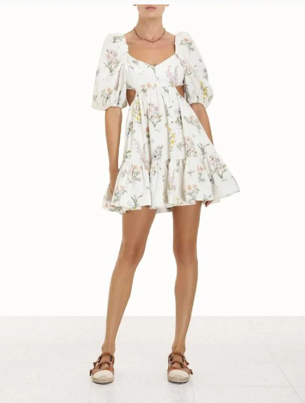 Stylish And Comfortable Clothing For Women Graceful Drape Jeannie Puff Sleeve Mini Dress in Bouquet Floral