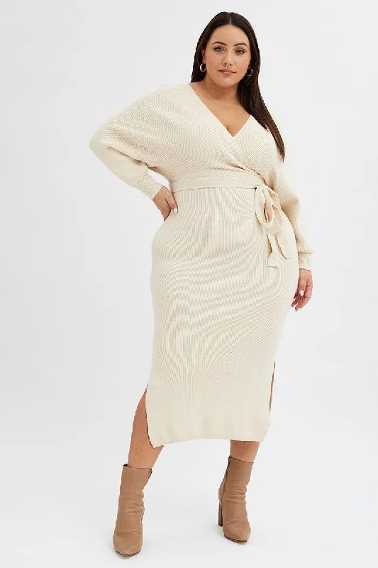 Stylish Women's Outfit Exquisite Craftsmanship White Knit Dress Long Sleeve Rib Cross Front