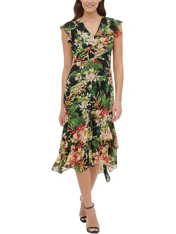 Women's Sports Apparel Seasonal Trend Womens Floral Printed Hi-Low Midi Dress