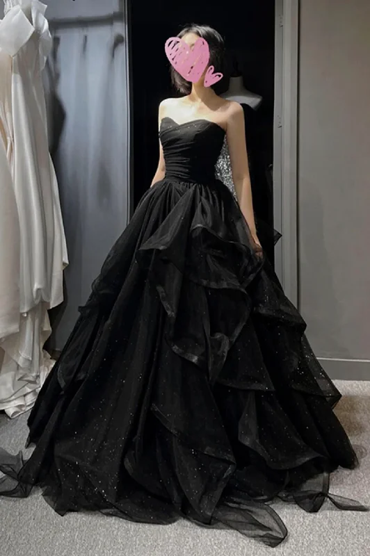 Women's Everyday Garments Playful Elegance Black tulle long prom dress A line evening gown Y74