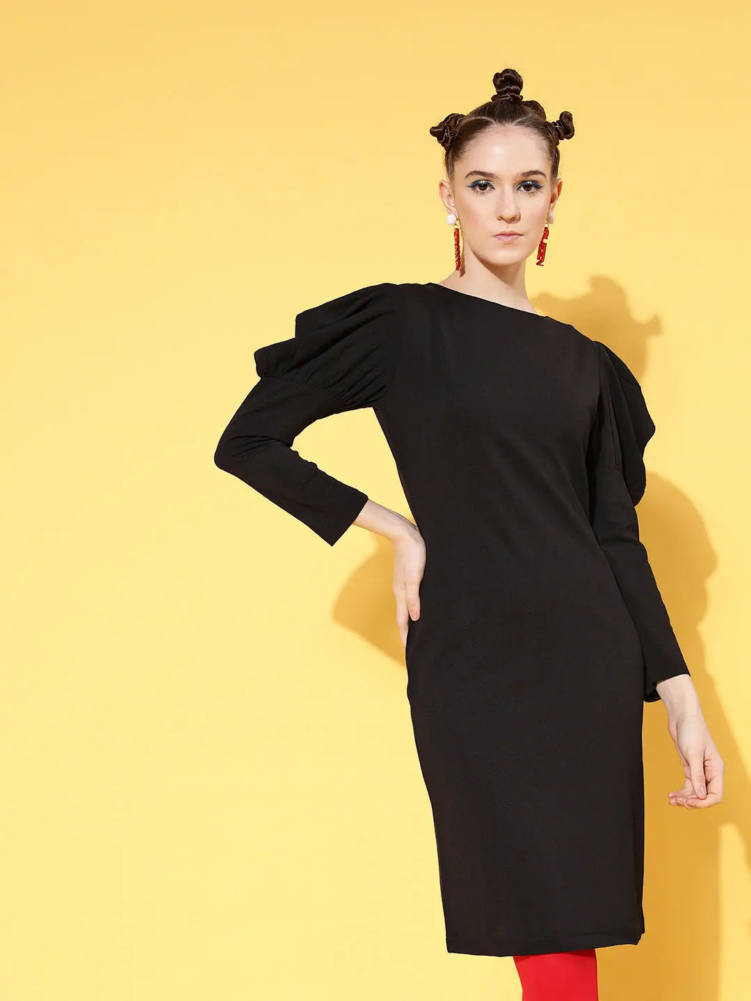 Women's Functional Outdoor Garments Hollywood Glam Award - Show Style Women Black Canton Puff Sleeves Mini Bodycon Dress