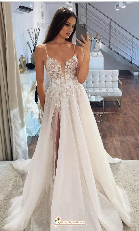 Women's Fashion-Forward Apparel Formal Outfit Spaghetti Straps Slit Summer Wedding Dress