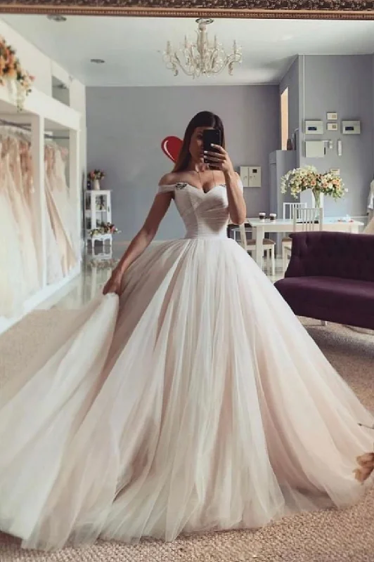 Comfortable Outfit For Women Bold Patterns Champagne sweetheart neck off shoulder long prom gown, tulle formal dress   cg18456