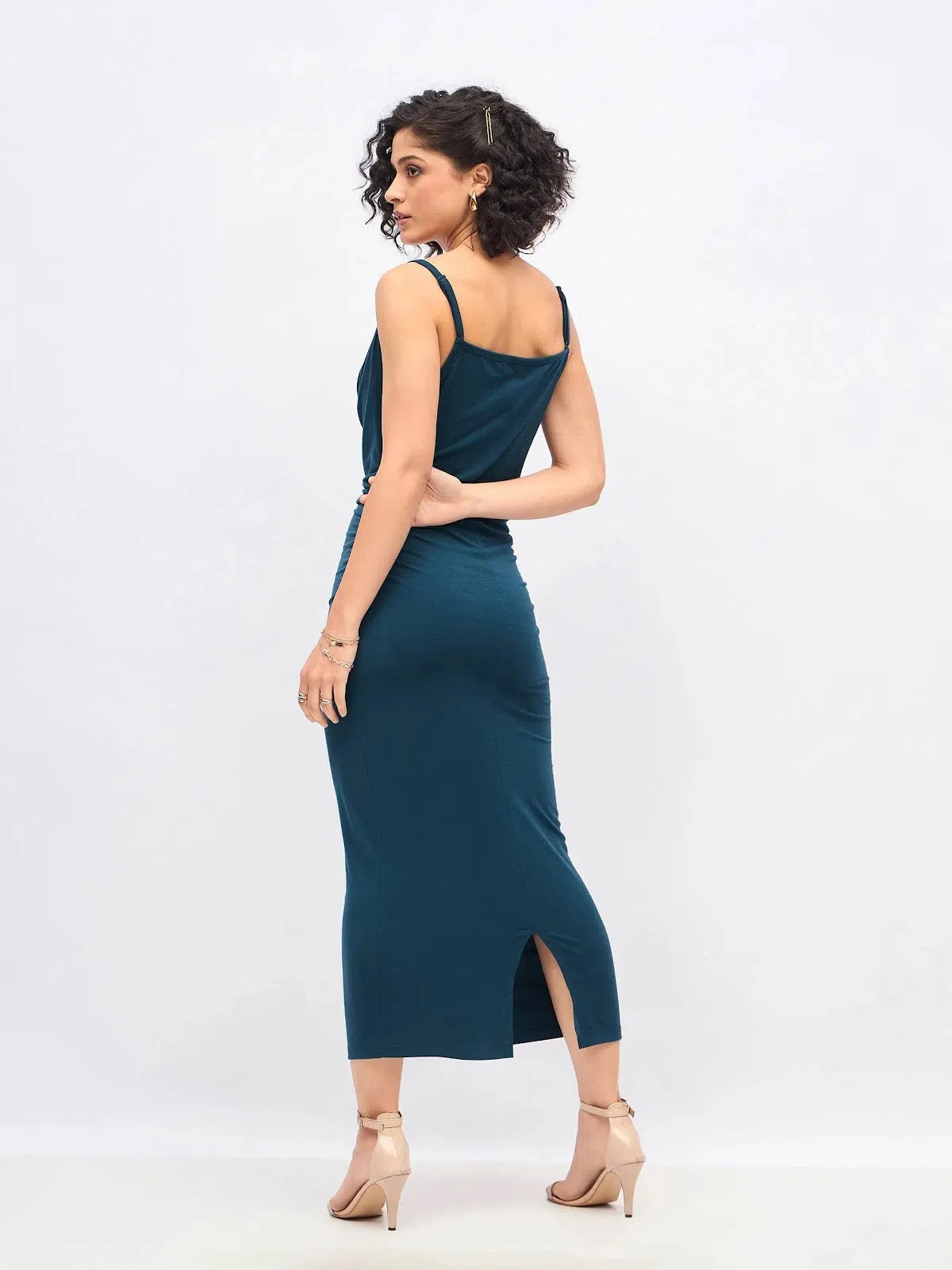 Women's High-Fashion Clothes Playful Elegance Women Teal Cowl Neck Bodycon Maxi Dress