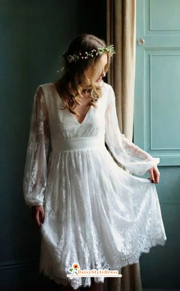 Women's High-Fashion Apparel Casual Chic Short Bohemian Long Sleeve French Lace Wedding Dress