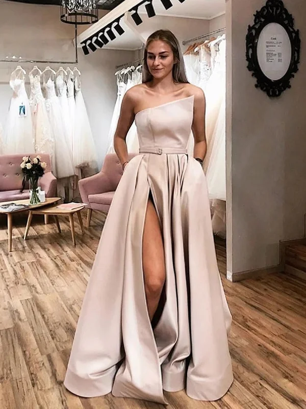 Women's Vintage-Inspired Outfit Feminine Soft - Hued Look Unique Champagne Satin Long Prom Dresses with High Slit, Champagne Formal Graduation Evening Dresses