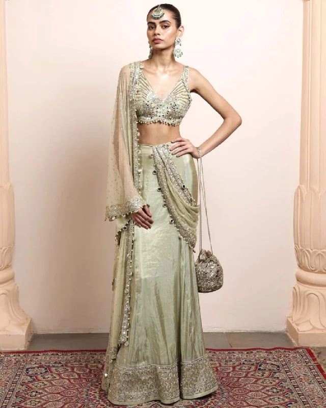 Women's Functional Outdoor Garments Limited - Edition Drops Sea Green Silk Tissue Godet Sari Set