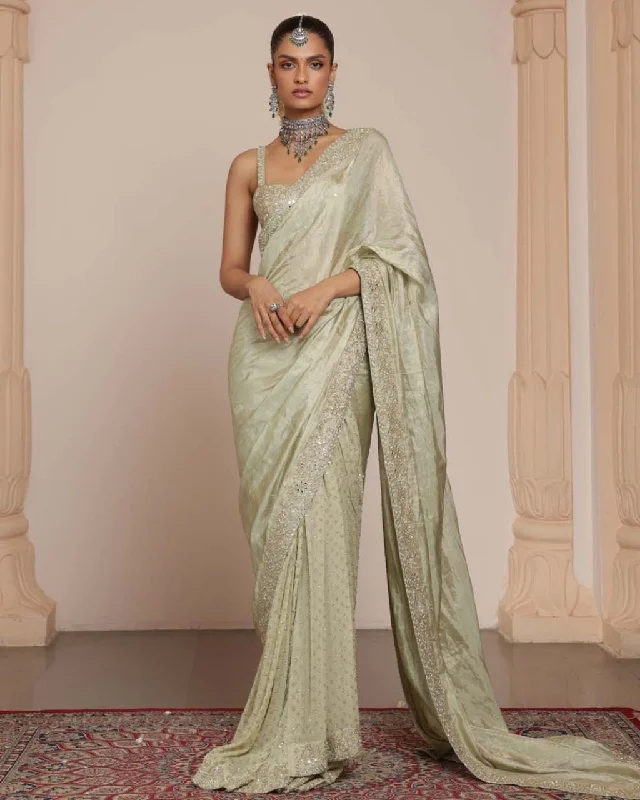 Stylish Women's Apparel Elegant Attire Sea Green Silk Tissue Sari Set