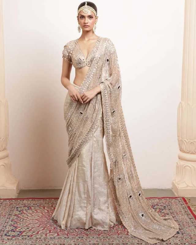 Women's Everyday Attire Effortless Comfort Rose Gold Silk Tissue Godet Sari Set