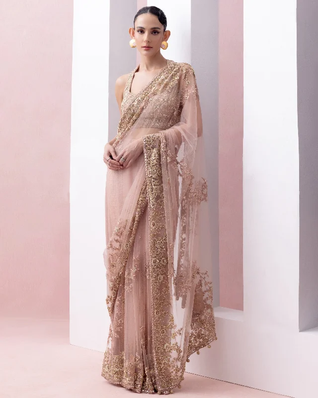 Stylish Women's Outfit Chic Allure Peach Thread Work Pre-Stitched Sari With Embroidered Razor Back Blouse