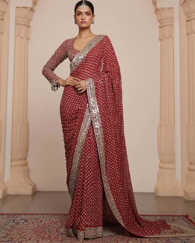 Women's Charming Outfit For Events Flowing Silhouette Red And Beige Gold Star Sari Set