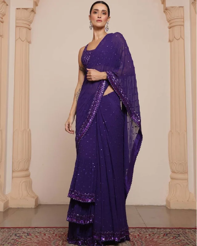 Women's Vintage Clothes Vintage Retro Party Wear Solid Purple Heavy Tiered Ruffle Sari Set