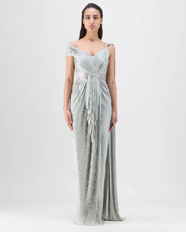 Women's Luxury Garments Romantic Date - Night Ensemble Sage Mineral Plisse Gown