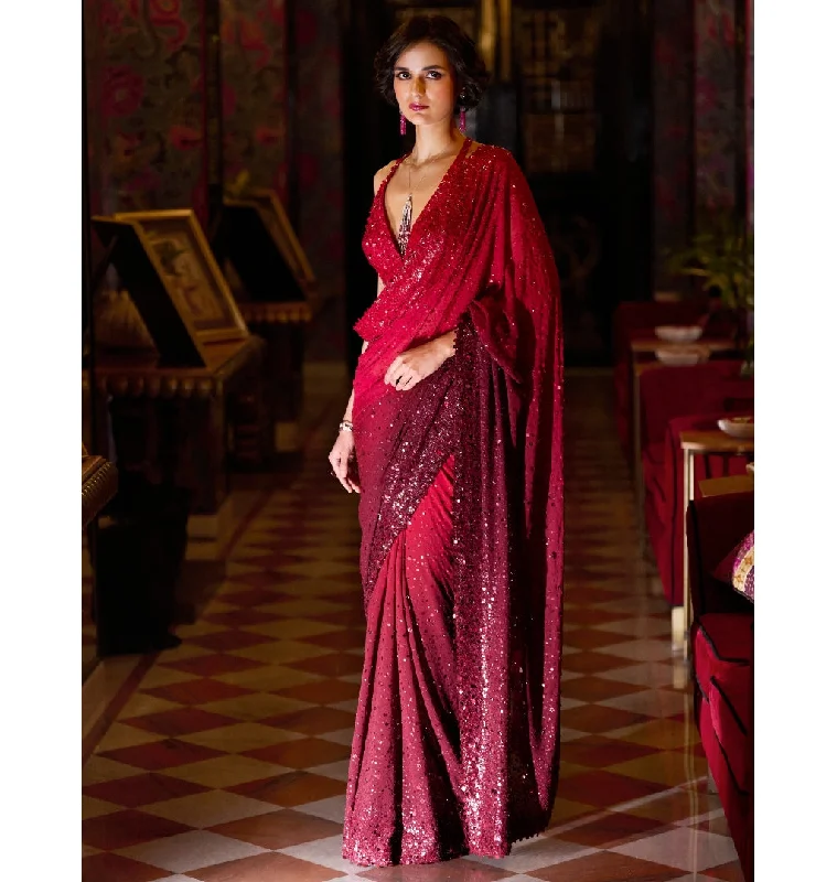 Women's Luxury Attire Minimalist Chic Red Ombre Sequin Georgette Sari