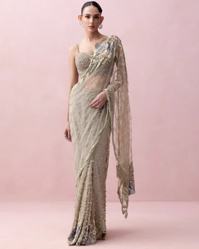 Elegant Women's Evening Garments Great Deals On Ethnic Cultural Wear Sea Green Pre-Stitched Sari With Rose Applique And Corset Blouse