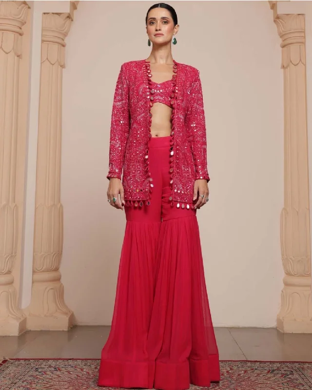 Women's Comfy Loungewear Outfit Disco - Inspired Retro Dance Look Pink Linear Jacket And Gharara Set