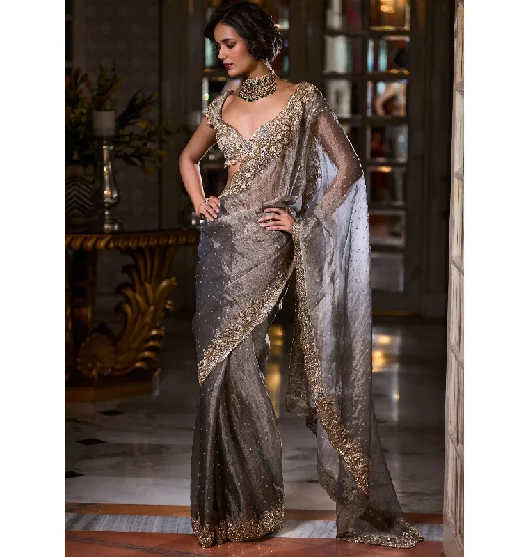 Timeless Women's Clothes Limited - Stock Stone Grey Tissue Organza Sari