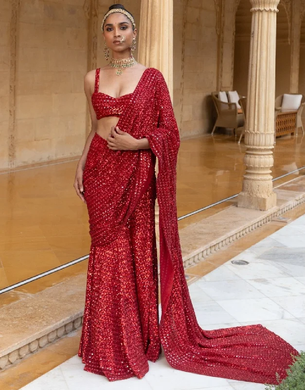 Women's Cozy Winter Attire Everyday Glamour Red Sequins Embroidered Sari Set