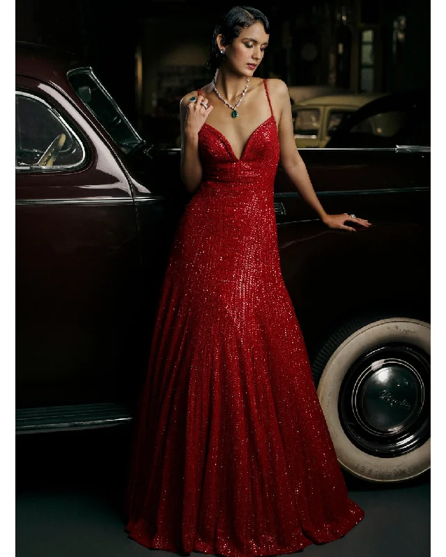 Women's Professional Attire Classic Appeal Red Deep Cut Sequin Gown