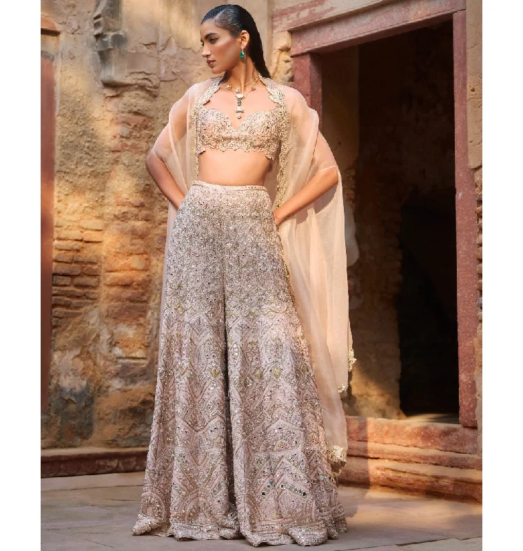 Charming Everyday Clothing For Women Dreamy Aesthetic Nude Peach Raw Silk High Waist Sharara And Cape Set