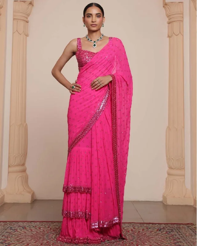 Women's Loungewear Clothes Elegant Contour Solid Hot Pink Heavy Tiered Ruffle Sari Set