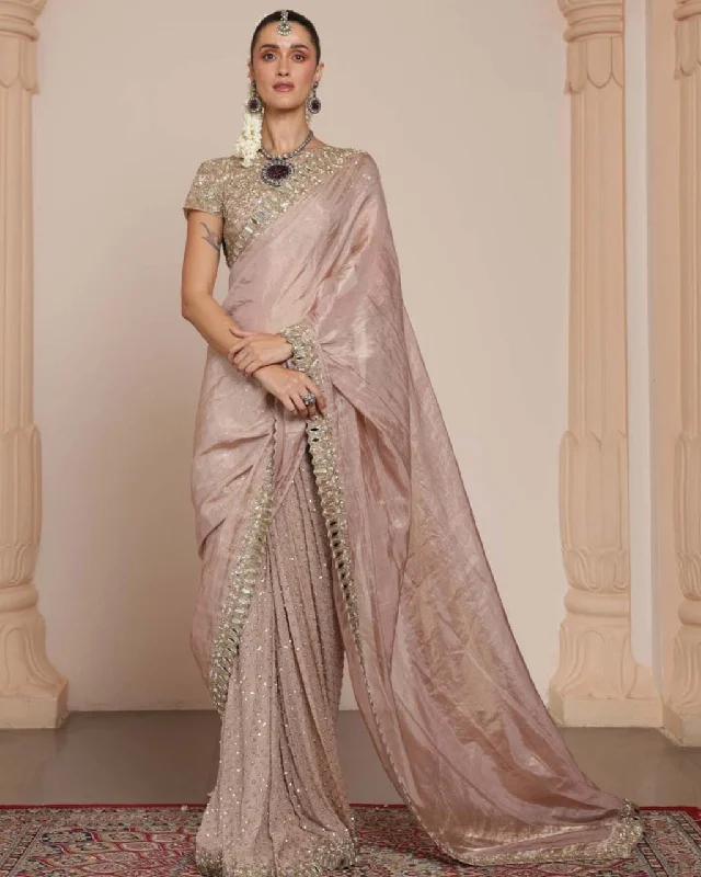 Trendy Athleisure Clothing For Women Bold Patterns Old Rose Silk Tissue Sari Set